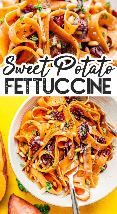 Ww Vegetarian, Sweet Potato Pasta Sauce, Sweet Potato Noodles Recipe, Fettuccine Recipe, Sweet Potato Pasta, Fettuccine Recipes, Halloween Food Dinner, Fettuccine Noodles, Potato Noodles