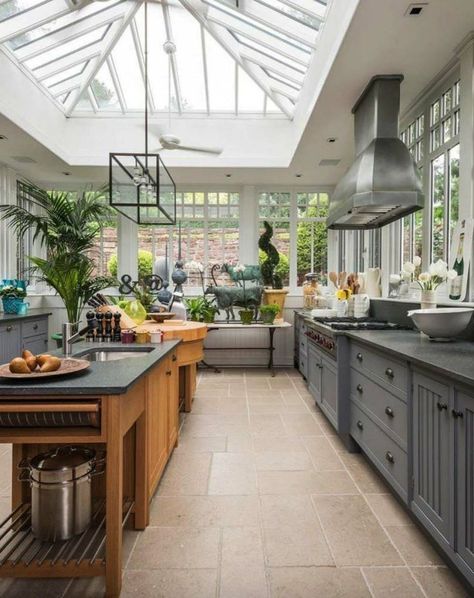 Farmhouse-inspired residence with a fabulous greenhouse in Pennsylvania Conservatory Kitchen Ideas, Conservatory Kitchen, Model Dapur, Kabinet Dapur, Farmhouse Remodel, Counter Space, Luz Natural, Large Kitchen, Design Living