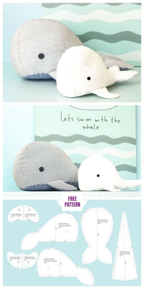 DIY Fabric Whale Plush Free Sew Patterns - Mini size Shirt Upcycle, Projek Menjahit, Whale Plush, Baby Mobil, Sew Patterns, Fabric Crafts Diy, Diy Baby Shower Gifts, Diy Baby Gifts, Animal Sewing Patterns