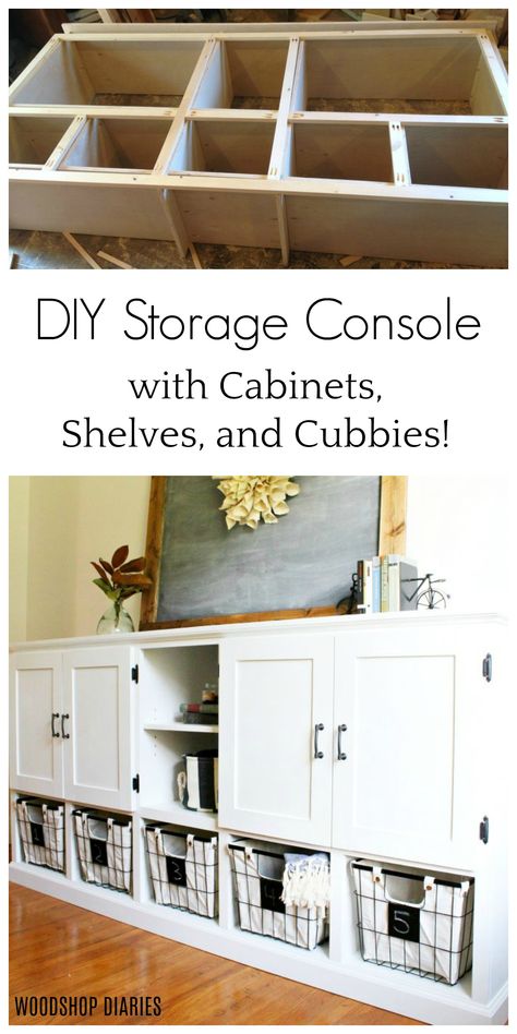 Cube Storage Plans, Build Playroom Storage, Diy Storage Living Room, Diy Game Cabinet, Console Table With Cubbies, Diy Playroom Cabinets, Diy Entryway Storage Cabinet, Diy Living Room Storage Cabinet, Living Room Storage Diy