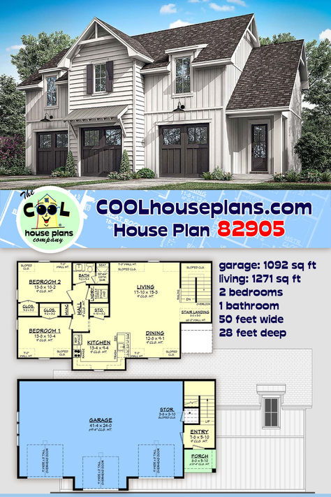 Modern Carriage House Plan 82905 is perfect for someone looking for additional storage and living space, but can also function as a stand alone residence. Outside dimensions are 50 feet wide by 28 feet deep. Each of the three front-facing garage bay doors measure 9 feet wide by 8 feet tall. This plan offers 2 bedrooms and a bath, but the most impressive part is the kitchen, living, and dining area that lives larger than one would expect in such a small package. Garage Apartment Plan Farm Barndominium, Modern Carriage House, Garage Apartment Floor Plans, Getaway House, Alternative Housing, Carriage House Plans, Craftsman Farmhouse, Building A Garage, Garage Apartment Plans