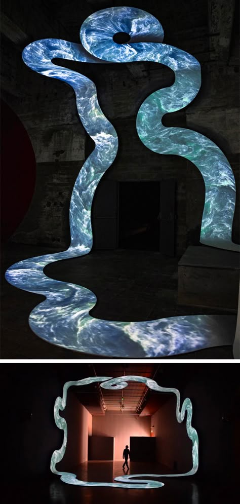 In Lupanar, an installation by French artist Nicolas Tourte, water flows on a never-ending path over the floor, walls, and ceiling of an art gallery. Displayed in a darkened room, the slithering 130-foot route shows a continuous video loop, which includes the rushing sound of the white-capped waves as they surge across the room. The Loop, Floor Art Installation, Water Ceiling, Loop Art, Light Installation Art, Water Sound, Water Installation, Water Installation Design, Water Art Installation