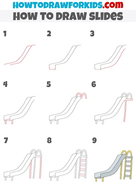 how to draw slides step by step Slide Tattoo Ideas, How To Draw A Pencil Step By Step, Slide Drawing, How To Draw Stairs Step By Step, Easy Drawings For Beginners Step By Step, Easy Train Drawing Step By Step, How To Draw Zoo Animals Step By Step, Slide Drawing Playground, Directed Drawing Kindergarten