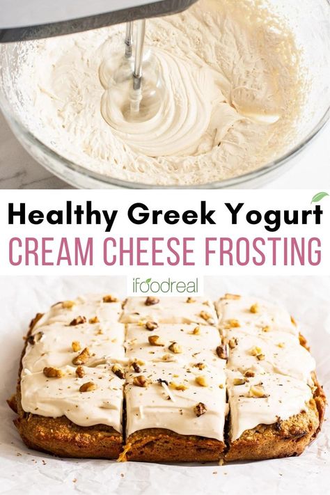 Low Fat Cream Cheese Frosting, Carrot Cake Cinnamon Rolls, Greek Yogurt Recipes Healthy, Greek Yogurt Cream Cheese, Cake Cinnamon Rolls, Healthy Cream Cheese Frosting, Greek Yogurt Frosting, Yogurt Cream Cheese, Healthy Frosting