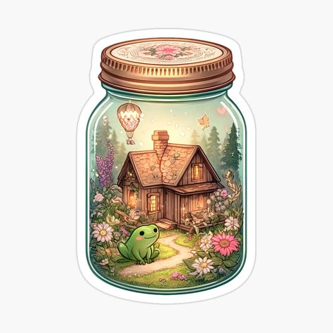 Get my art printed on awesome products. Support me at Redbubble #RBandME: https://www.redbubble.com/i/sticker/Cottagecore-Fantasy-Frog-Cottage-and-garden-Mason-Jar-Illustration-by-Unitepeople/160195122.EJUG5?asc=u Mason Jar Illustration, Mason Jar Aesthetic, Fantasy Frog, Stickers Frog, Jar Illustration, Cottagecore Stickers, Mason Jar Stickers, Aesthetics Art, Journal Books