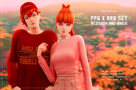 PPG X RRB Hairstyle Set - Blossom and Brick | Daylife Sims on Patreon Daylife Sims, Blossom And Brick, Ppg X Rrb, Sims Stories, Pelo Sims, Rowdyruff Boys, Hair Set, Sims 4 Teen, Sims 4 Characters