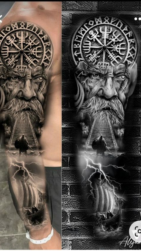 Best Viking Tattoos, Norse Mythology Tattoo Sleeve Men, Men Viking Tattoo, Viking Tattoo Design Norse Mythology, Moments Mori Tattoo Men, Viking Odin Tattoo, Viking Tattoos Design, Men’s Viking Tattoos, Viking Mythology Tattoos