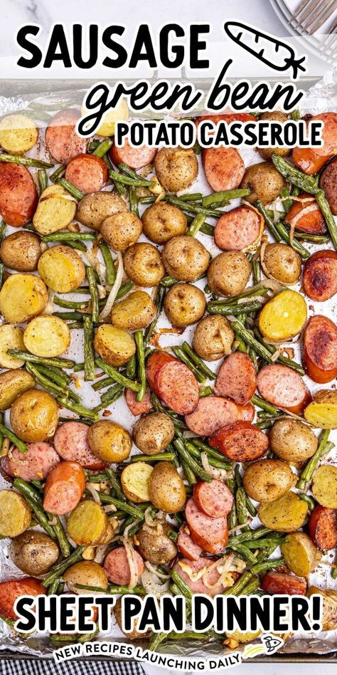 Sausage Potato Green Bean Sheet Pan, Green Bean And Smoked Sausage, Sausage Green Bean Potato Casserole Oven, Sausage Green Bean Potato Bake, Summer Sausage Potatoes Green Beans, One Pan Smoked Sausage And Veggies, Sausage Green Beans And Potatoes In Oven, Sausage Potato Veggie One Pan, Green Bean Smoked Sausage And Potatoes