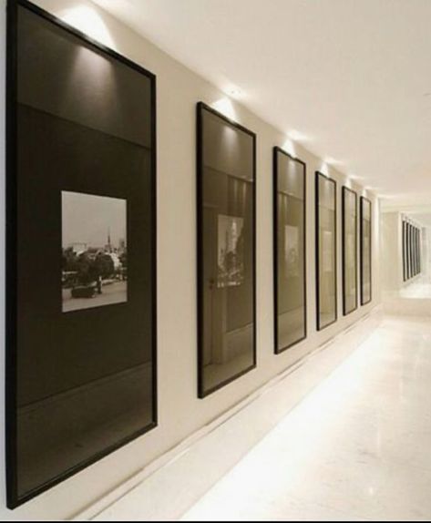 Picture Frames On Black Wall, Art For Long Hallway, Gallery Ideas Design, Large Hallway Art, Small Entry Wall Ideas, Black And White Pictures Aesthetic, Stairwell Art, Modern Photography Art, Gallery Hallway