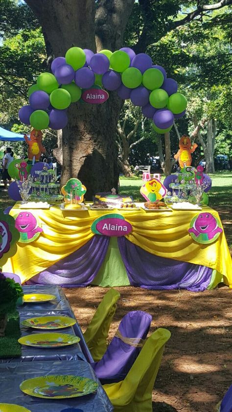 Barney Party Decorations, Barney 2nd Birthday Party, Barney The Dinosaur Birthday Party, Barney Birthday Party Decorations, Barney Themed Birthday Party, Barney Party Ideas, Barney Birthday Party, Barney Party, Ice Cream Birthday Party Theme