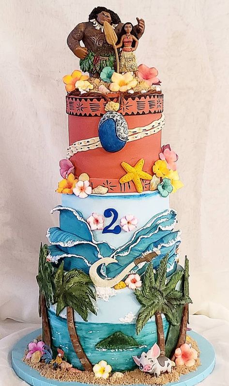 Moana Birthday Cake Moana inspired birthday cake with handpainted and sculpted waves, trees and landscaping. Moana Cake Design, Moana Birthday Party Cake, Moana Birthday Decorations, Moana Birthday Cake, Third Birthday Girl, Unique Cakes Designs, Moana Cake, Moana Theme, Diy Events