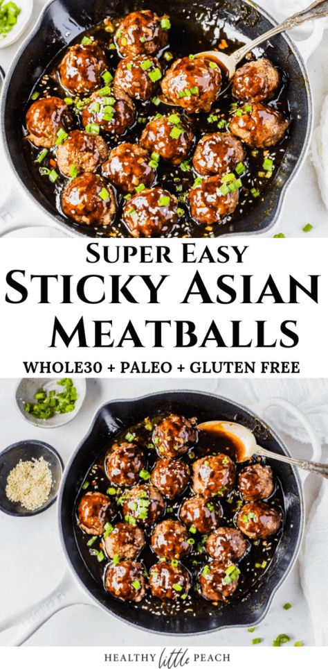 Sticky Asian Meatballs (W30, Keto, Paleo) - Healthy Little Peach Asian Meatballs Healthy, Sticky Asian Meatballs, Peach Healthy, Healthy Little Peach, Asian Meatballs, Recipe 30, Paleo Dinner, Whole30 Recipes, Paleo Whole 30