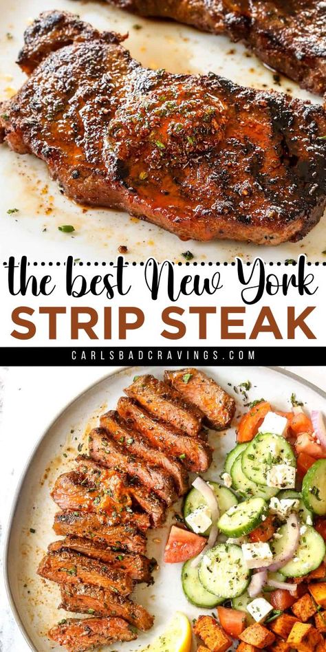 The BEST New York Strip Steak! It's a must-try romantic dinner recipe. Whether grilled or pan-seared, this NY strip is rich and melt-in-your-mouth tender with a signature smoky, caramelized, charred crust. A perfect Valentine's Day food idea! Best New York Strip Steak Recipe, Strip Steak Recipe Oven, Ny Strip Steak Recipes Pan Seared, New York Steak Recipe, Ny Strip Steak Recipes, Steak Recipes Pan Seared, Easiest Dinner Recipes, Food Entertaining Ideas, Strip Steaks