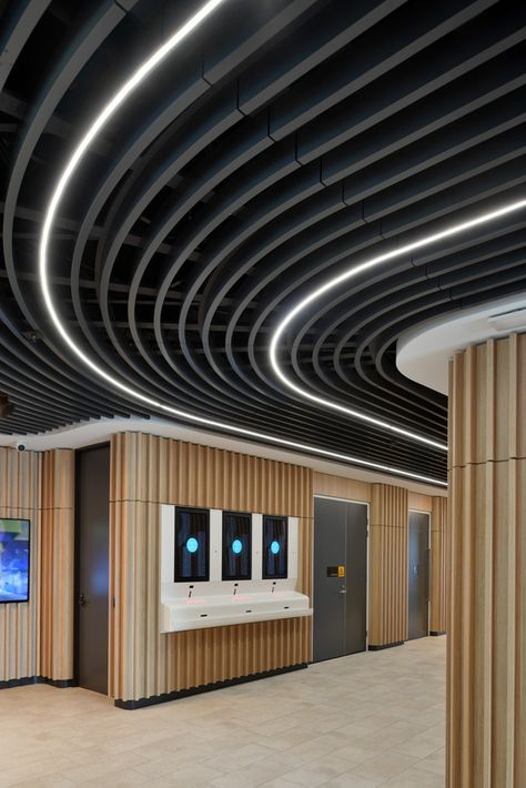 ACS Barangaroo - europanel accoustic solutions Linear Ceiling Design, Baffle Ceiling, Living Room Lighting Design, Gym Design Interior, Office Ceiling, Interior Ceiling Design, Corridor Lighting, Acoustic Design, Ceiling System