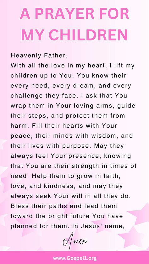 Discover 30 powerful prayers for your children, including prayers for their education, success, protection, future, and more. Lift up your son or daughter in prayer with these heartfelt, faith-filled petitions. Click to read more Prayer Of Protection For Children, Prayer Over My Children, Prayers For Daughters Relationships, Prayer For My Kids Protection, Prayer For My Children Protection, Prayer For Your Children, Prayer For Son Protection, Prayer For Daughter Protection, Prayer For Kids Protection