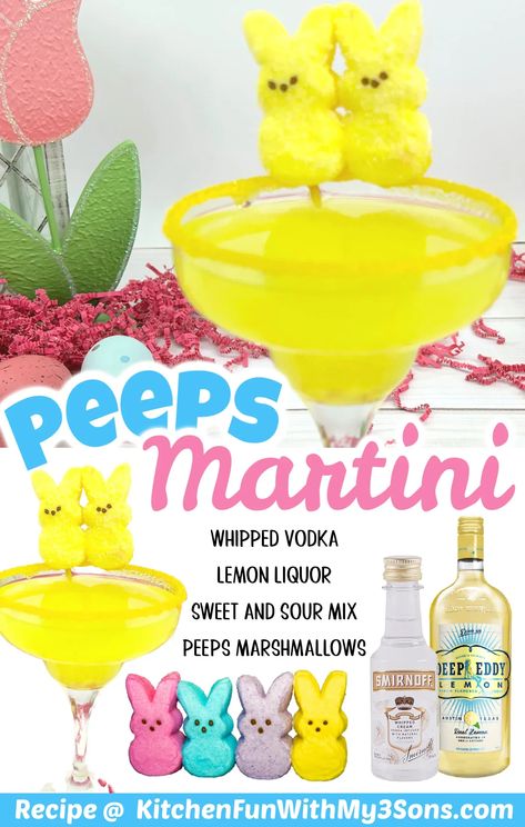 This simple and sweet Easter Peeps Martini is made with Bunny marshmallows, whipped vodka, lemon liquor, and sweet & sour mix. Easter Alcoholic Drinks, Lemon Liquor, Fruity Rum Drinks, Marshmallow Vodka, Vodka Lemon, Easter Drink, Easter Fun Food, Alcoholic Treats, Easter Cocktails