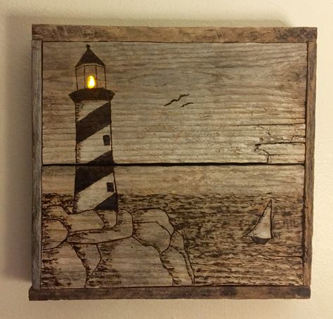 Wood burned lighthouse on a palette with a flameless candle. Wood Burning Lighthouse, Wood Burning Designs, Words On Wood, Wood Burning Projects, Wood Burn Designs, Woodburning Projects, Wood Burning Ideas, Sugi Ban, Wood Burning Crafts