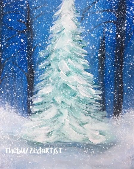 Easy Snowy Christmas Tree Painting Tutorial Painting Ideas Easy Simple Christmas, Christmas Art Painting Acrylic Easy, Easy Christmas Acrylic Painting Ideas, Winter Landscape Painting Acrylic Easy, Easy Christmas Paintings For Beginners, Tree Painting Tutorial, Finnish Christmas, Snowy Christmas Tree, Christmas Canvas Art