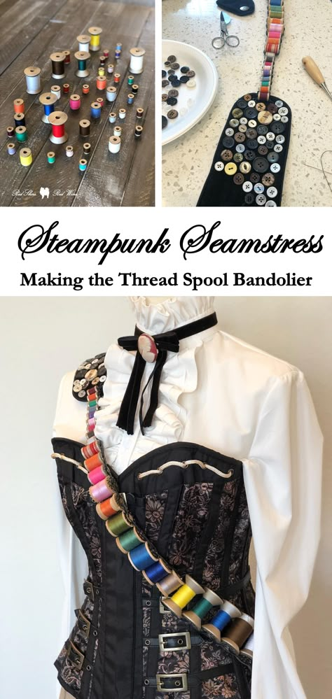 Steampunk Seamstress Costume, Seamstress Costume Ideas, Larp Accessories Diy, Victorian Diy Crafts, Diy Bag Holder, Cosplay Accessories Ideas, Steampunk Tailor, Seamstress Character Design, Diy Fashion Belt