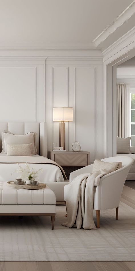 Modern Home Interior Design Living Rooms Master Bedrooms, American Style Bathroom Design, Elegant Bedroom Interior Design, Soft Traditional Bedroom, Modern Classic Bedroom Master Suite, Cream Luxury Bedroom, Neutral Transitional Bedroom, Classy White Bedroom, Luxe Bedroom Classy