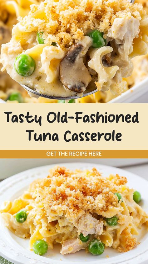 Looking for a comforting and nostalgic meal? Try making an old-fashioned tuna casserole that's sure to bring back memories of home-cooked goodness. With simple ingredients like canned tuna, pasta, creamy sauce, and crunchy topping, this dish is easy to put together for a quick weeknight dinner. The creamy texture paired with the crispy topping creates a satisfying contrast in every bite. Freezer Tuna Casserole, Kraft Mac And Cheese Tuna Casserole, Pasta With Canned Tuna, Canned Tuna Casserole, Hot Tuna Noodle Casserole, Creamy Pasta Casserole Recipes, Old Fashioned Tuna Casserole, Tuna Hotdish Casseroles, Best Tuna Casserole Recipe