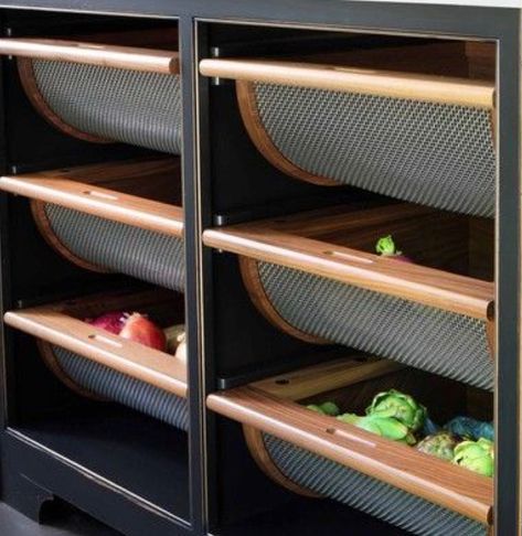 Fresh Produce Storage Pantry, Produce Baskets In Pantry, Built In Produce Storage, Dry Produce Storage, Kitchen Tray Storage, Modular Kitchen Vegetable Storage, Produce Storage Pantry, Vegetables Drawer Kitchen, Produce Pantry Storage