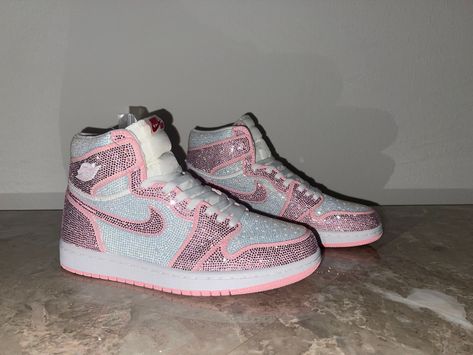 Sparkly Nike Shoes, Bedazzled Jordans, Sparkly Jordans, Diamond Jordans, Pink Quince Shoes, Quince Sneakers, Glitter Jordans, Bday Shoes, Quince Shoes