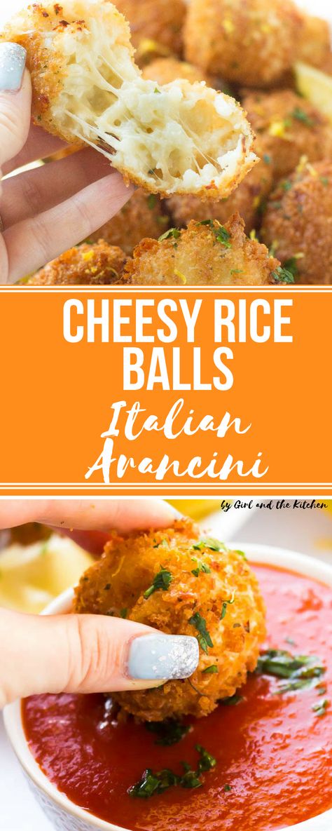 These incredible little Italian Rice Balls are loaded with cheese and make perfect party treats! Loaded with plenty of cheese and tender risotto these crispy little balls of flavor are best freshly fried but best of all they are just as good made ahead and baked! Rice Balls Italian, Italian Rice Balls, Arancini Recipe, Cheesy Rice, Italian Rice, Food Italian, Italian Appetizers, Camping Mat, Italian Dinner