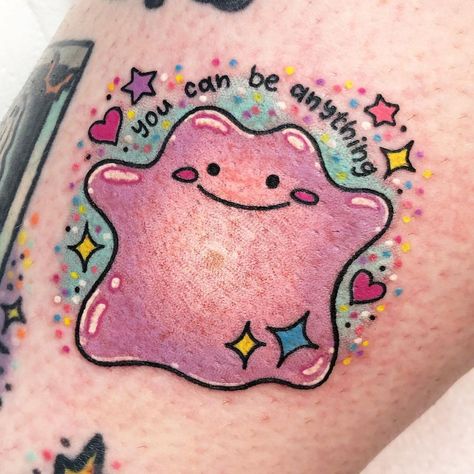 💖ROXY RYDER💖 on Instagram: “✨ Ditto ✨done on my lovely friend @misswednesday13 ✨💖 🌟 Thank you so much! Was lovely seeing ya!! 🥰 #pokemon #pokemontattoo #ditto” Ditto Pokemon, Pokemon Tattoos, Gamer Tattoos, Bright Tattoos, Nerd Tattoo, My Lovely Friend, Pink Tattoo, Clever Tattoos, Pokemon Tattoo