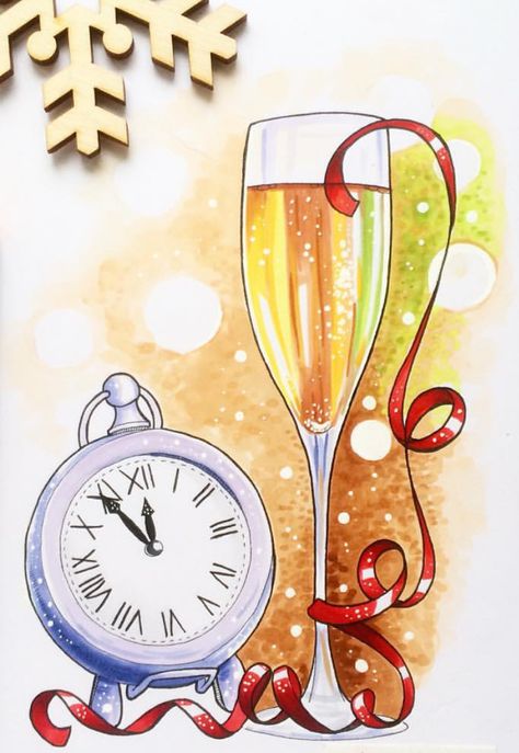 New Year's Eve Happy New Year Watercolor, Happy New Year Drawing, Color Markers Art, New Years Drawing Ideas, New Year's Drawings, Vineyard Art, New Year Illustration, New Year Art, Cute Disney Drawings