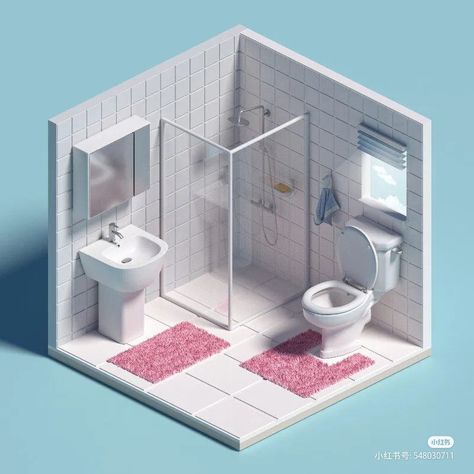 Bathroom Isometric Drawing, Small House Model, Place Aesthetic, Small Room Makeover, Aesthetic Architecture, Bathroom Model, Cool Tree Houses, House Floor Design, Isometric Art