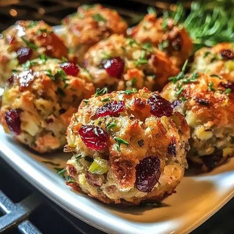 Delight in Festive Cranberry Turkey Stuffing Balls, a savory holiday treat combining tender turkey, stuffing, and tangy cranberries. Stuffing Muffins, Stuffing Balls Recipe, Cranberry Stuffing, Roasted Pork Tenderloin Recipes, Cranberry Turkey, Roasted Pork Tenderloin, Stuffing Balls, Dry Bread, Holiday Food Ideas