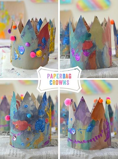 Paper bag crowns for FAIRY TALE or STORY BOOK theme. Fairy Tales Preschool, Paper Bag Princess, Fairy Tale Activities, Fairy Tale Crafts, Paper Bag Crafts, Fairy Tale Theme, Crown For Kids, Fairytale Nursery, Crown Crafts