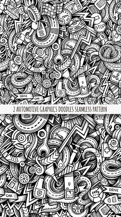 2 Vehicle Doodles Graphics Seamless Patterns - Technology Conceptual Technology Pattern, Car Pattern, Vehicle Accessories, Luxury Vehicles, Posca Art, Sharpie Art, Car Graphics, Doodle Patterns, Vw Bus