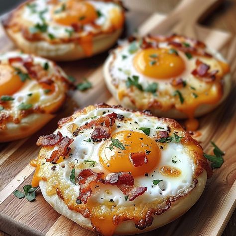 🍕🍳 English Muffin Breakfast Pizza – a morning masterpiece! #BreakfastPizza #EnglishMuffin English Muffin Breakfast Pizza Recipe 🌟 Ingredients: 4 English muffins, split 4 eggs 100g cheddar cheese, shredded 100g cooked bacon, crumbled 5g parsley, chopped Salt and pepper to taste Instructions: Toast muffins: Toast English muffins until golden. Prepare toppings: Cook eggs sunny-side up. Place on toasted muffins. Assemble pizzas: Sprinkle cheese and bacon on top. Season with salt, pepper, and ... English Breakfast Ideas Mornings, English Muffin Breakfast Pizza, English Muffin Breakfast, Muffin Breakfast, English Muffin Pizza, Breakfast Pizza Recipe, Cook Eggs, Instagram Recipes, European Recipes