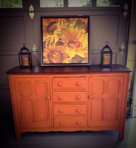 Thrift Store Find Painted with Annie Sloan Barcelona Orange finished with dark wax Annie Sloan Barcelona Orange, Orange Chalk Paint Furniture, Paint Ideas For Furniture, Orange Sideboard, Orange Dresser, Gifts For Tennis Players, Ideas For Furniture, Annie Sloan Colors, Credenza Decor