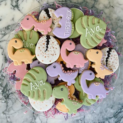 Pink Dinosaur Cookies, 2 Rex Birthday Party Girl, Three Rex Birthday Party Girl Food, Baby Girl Dinosaur Baby Shower Ideas, Third Birthday Theme Ideas, Three Rex Cookies, Dinosaur Cake Girly, Three Rex Birthday Party Girl, Pastel Dinosaur Party