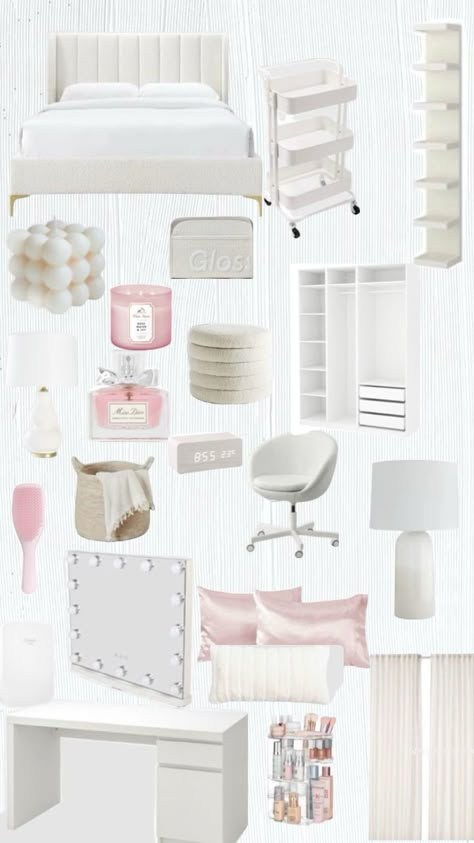 Aesthetic Bedroom Mood Board, Aesthetic Room For Girl, Designer Aesthetic Bedroom, White Aesthetic Room Bedrooms, Estetik Room Ideas, Pink And White Room Inspiration, Pink Room Decor Of Your Dreams, Clean Cute Room, White Room Pink Accents