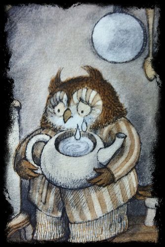 TEAR WATER TEA: OWL AT HOME Children’s author Arnold Lobel has written a heart warming story about tear collection called Tear Water Tea in his book Owl At Home. When owl remembers the sad things in life he cries and he collects the tears he cries in a kettle. He heats his tear water on the stove, makes tea with it, drinks the tea and is comforted. Owl At Home, Arnold Lobel, Children's Book Illustrations, Frog And Toad, Owl Art, Book Illustrations, Picture Books, Toad, Book Illustration