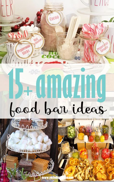 15+ Amazing Food Bar Ideas for Your Reception or Event - Michelle James Designs Sweet And Salty Bar Ideas, Party Dessert Bar Ideas, Easy Snack Bar Ideas, Types Of Food Bars Party Ideas, Teacher Food Bar Ideas, Easy Food Bar Ideas, 70th Birthday Party Food Ideas, Wedding Reception Snack Bar Ideas, Make Your Own Food Bar Ideas