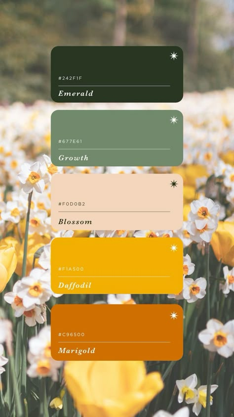 Marigold Wedding Color Palette, Marigold Wedding Colors, Modern Spring Color Palette, Spring Green Color Palette, Color Schemes With Yellow, Marigold Color Palette, April Color Palette, Spring Color Palette Wedding, Four Color Palette