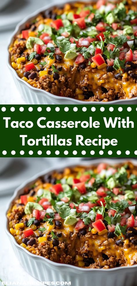 "Craving a hearty meal that delights the whole family? This Taco Casserole with Tortillas is a flavorful blend of spices and textures. It's an easy casserole recipe that makes dinner fun and satisfying for everyone. Cheesy Taco Bake Casserole, Ground Turkey Taco Bake Recipes, Creamy Taco Bake, Corn Tortillas Recipes Dinners, Recipes Using Tortillas Dinners, Mexican Casserole With Tortillas, Crunchy Taco Casserole, Easy Dinner Recipes With Tortillas, Taco Casserole Bake With Corn Tortillas