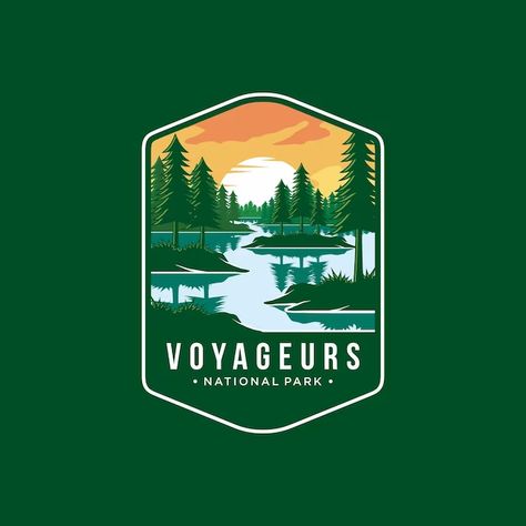 Premium Vector | Voyageurs national park emblem patch logo illustration on dark background National Park Branding, National Park Logo Design, National Park Service Logo, National Parks Patches Ideas, National Park Logo, National Park Graphic, Voyageurs National Park, Pocket Park, Crystal Logo