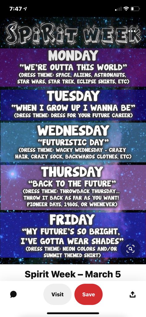 Start With Hello Spirit Week, Space Theme Spirit Week, Elementary School Spirit Day Ideas, Space Spirit Week, Space Spirit Day, Sprit Week Themes, Future Career Day Spirit Week, Summer Spirit Week Ideas, Homecoming Week Themes Days