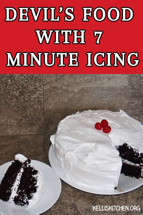 CLASSIC DEVIL’S FOOD CAKE WITH 7 MINUTE ICING Seven Minute Icing, Devil Food Cake Recipes, Devils Food Cake Bundt, Icing For Devils Food Cake, Devils Float Cake, Devils Food Cake Mix Recipe Ideas, Red Devils Food Cake, Recipe With Devils Food Cake, Devil Food Cake