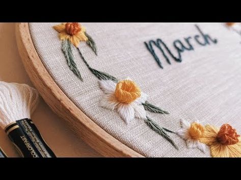 (3) How to embroider Daffodil, March Birth Month Flower, Personalised Hand Embroidery Pattern 🌼 - YouTube Hand Embroidered Daffodils, Embroidered Daffodils, Embroidery Daffodil, Daffodil Embroidery, March Birth Month Flower, Pola Sulam, Birth Month Flower, Butterfly Embroidery, Month Flowers