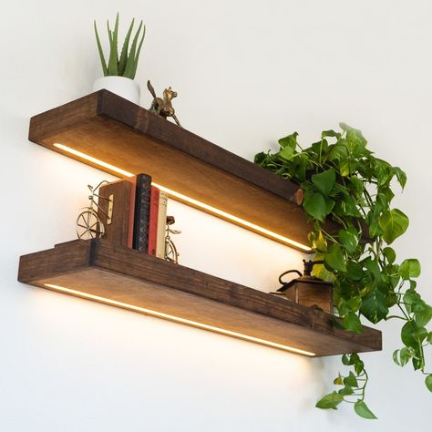 Led Shelves, Led Shelf Lighting, Floating Shelves With Lights, Kitchen Floating Shelves, Led Recessed Lighting, Custom Shelving, Rustic Floating Shelves, Knotty Pine, Shelf Lighting