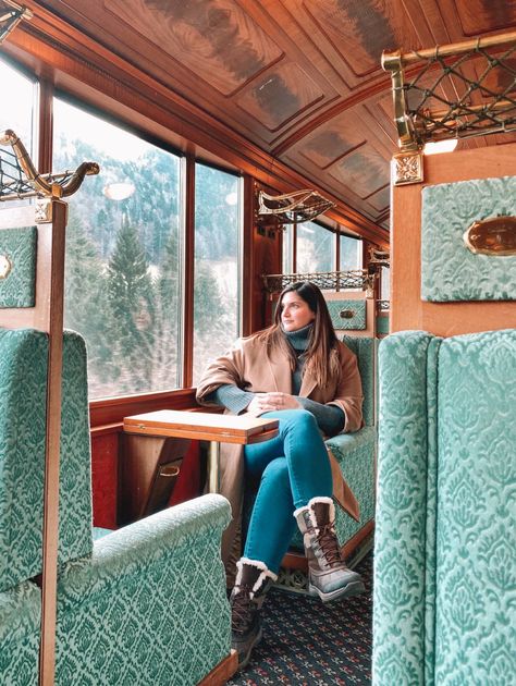 Swiss train journeys are the most beautiful in the world. Wearing a long camel coat, jeans and snow boots, ready to disembark in Gstaad. Swiss Train, Gstaad Switzerland, Coat Jeans, Wooden Panelling, Luxury Train, Ride Along, Train Ride, Switzerland Travel, Train Journey