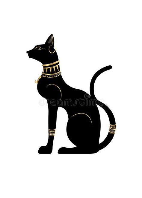 Black Egyptian cat. Bastet, ancient Egypt goddess, statue profile with Pharaonic gold jewelry, vector Illustration isolated stock illustration Egyptian Cat Tattoos, Egypt Goddess, Ancient Egypt Projects, Egypt Cat, Egyptian Drawings, Egyptian Goddess Art, Egyptian Cat Goddess, Egypt Project, Egyptian Cats