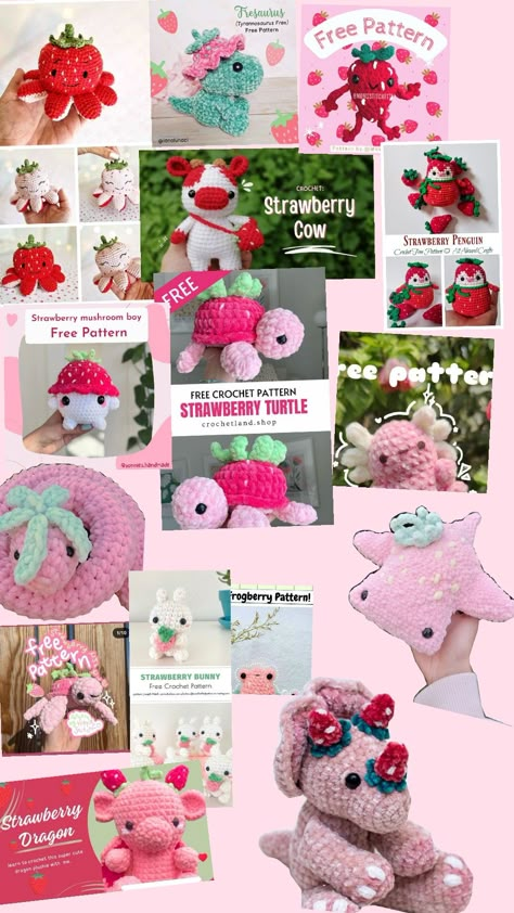 Strawberry crochet (all free patterns except snake and stingray🍓) #strawberry #crochet #cute Crochet Strawberry Animals, Valentines Plushies, Crochet Plushie Ideas, Crochet Plushie Patterns, Thing To Crochet, Crochet For Easter, Crochet Grandma, Crochet Pictures, Plushie Ideas